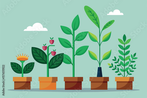 Colorful illustration of five potted plants at different growth stages, symbolizing growth and nature. Perfect for gardening or environmental concepts.