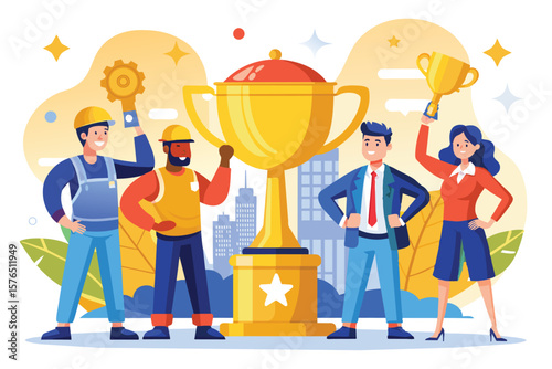 Illustration of a diverse group of professionals celebrating success with trophies, symbolizing teamwork and achievement in a vibrant cityscape background.