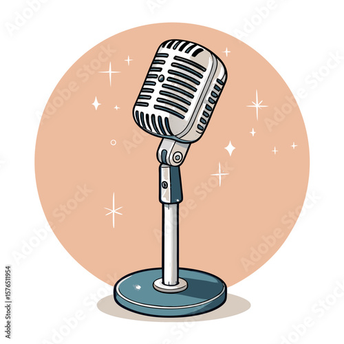 Retro microphone on stand broadcasting equipment silhouette vector illustration