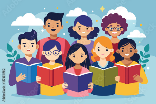 Illustration of a diverse group of cheerful individuals enjoying books outdoors. People are engaged in reading and expression of learning, showcasing inclusivity and community.
