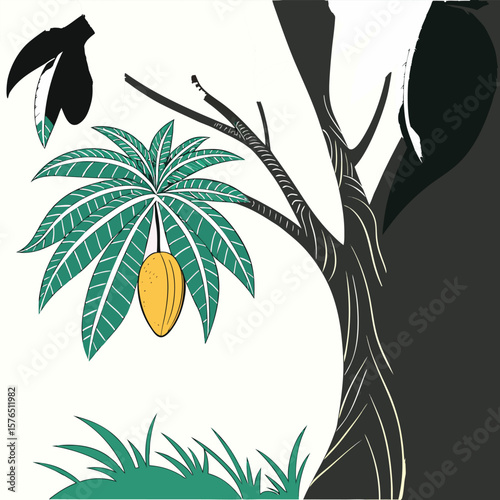 "Stylized mango tree with oval yellow fruits, thick trunk, and bright tropical leaves"

