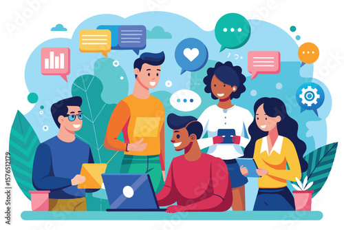 Illustration of a diverse team collaborating and brainstorming ideas in a modern office setting. Members engage in productive discussion with tablets and laptops, expressing creativity and teamwork.
