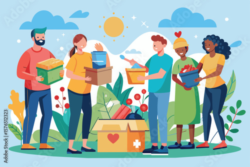 A diverse group of happy volunteers donating essential items for charity. They are outdoors, sharing boxes filled with goods, promoting kindness and community support.