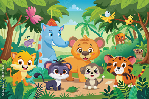 A lively illustration featuring adorable cartoon animals in a vibrant jungle setting. Perfect for childrens stories, educational content, and playful designs, conveying joy and imagination.