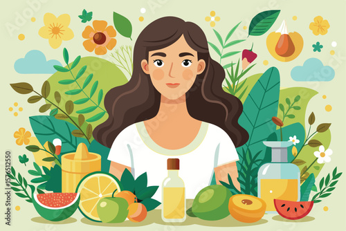 A woman sits amidst vibrant fruits, leaves, and flowers, symbolizing natural wellness and organic living. Her serene expression reflects harmony with nature and a healthy lifestyle.