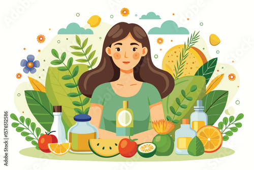 A colorful illustration of a woman with natural beauty surrounded by fresh fruits, leaves, and skincare bottles. Represents wellness, health, and eco friendly skincare.