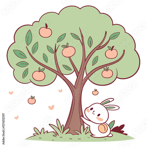 "Cute peach tree with rounded leaves, fuzzy pastel peaches, and soft shadows for kawaii-style sticker"

