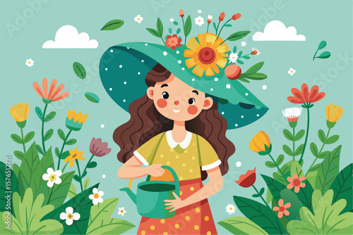 Charming illustration of a girl in a floral hat, joyfully watering plants amidst colorful flowers and greenery, capturing the essence of spring and natures beauty.