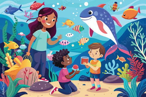 Illustration of two children and a woman exploring the wonders of underwater marine life at an aquarium. The scene is vibrant with colorful fish and sea creatures.