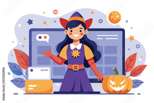 A cheerful girl dressed in a colorful witch costume stands in front of a computer, ready to celebrate Halloween virtually. Festive decorations and a carved pumpkin set a spooky atmosphere.