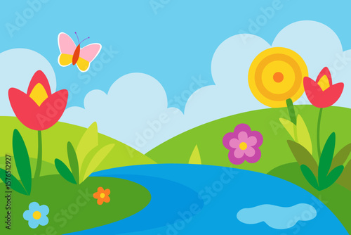Bright and vibrant spring-summer landscape with flowers, grass, and butterflies under a clear sky