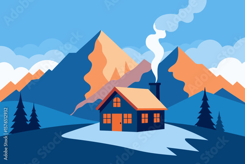 Winter mountain landscape: cozy house amidst snow-covered trees and majestic Alps peaks, a perfect Christmas nature scene
