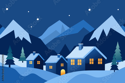 Christmas winter night landscape with houses and snow-covered trees, an illustration of a cozy holiday village scene