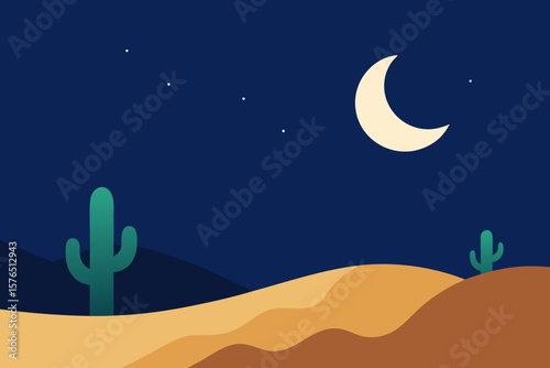Moonlit desert night with blue fantasy sky, stars, and crescent