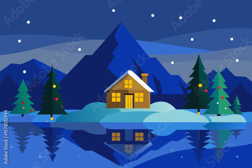 Cozy Christmas winter landscape with a snow-covered house and festive trees at night