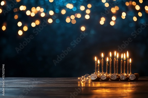 Candles Lit on a Table With Soft Warm Lights in the Background During a Festi...