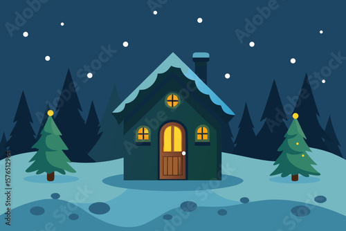 Winter holiday landscape with a snowy house, Christmas tree, and starry night sky