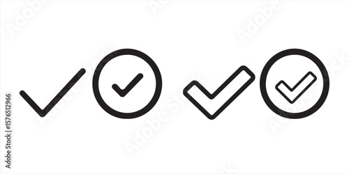 Black check mark icons in various styles including circle and bold outline isolated on white background for approval and validation concepts vector illustration

