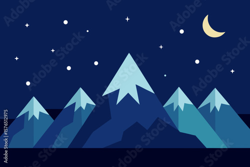 Christmas winter night landscape vector illustration with snow, trees, and stars