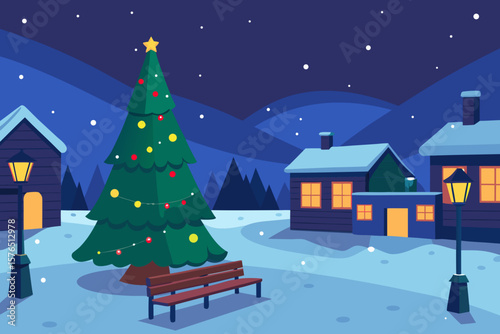 Christmas night landscape with houses, trees, and snowflakes illustrating a festive winter village scene under a starry sky