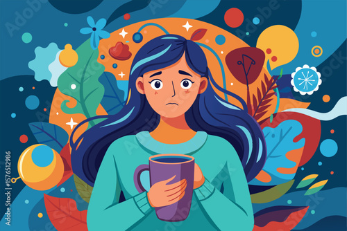Illustration of a thoughtful woman with blue hair holding a mug, surrounded by an abstract, colorful background. The image exudes a sense of contemplation and creativity, enhanced by vibrant elements.