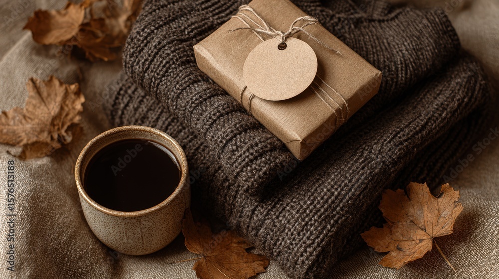 Fototapeta premium Cozy autumn flat lay featuring wrapped knitwear, ceramic cup, and scattered dry leaves for warm seasonal vibes