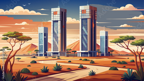 Gaborone, Botswana – Modern towers rise above dry plains and acacia trees. Wide roads, clean parks, and earthy tones define this calm yet contemporary southern African capital.