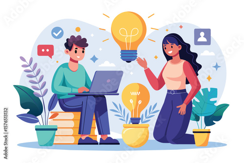 Illustration of a diverse creative team engaged in a brainstorming session. Two colleagues are sharing innovative ideas amidst a vibrant and inspiring workspace with plants and books.