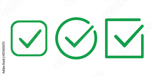 Check mark and tick icon symbols in green color with square, circle, and open box shapes isolated on white background for approval and confirmation concepts vector illustration