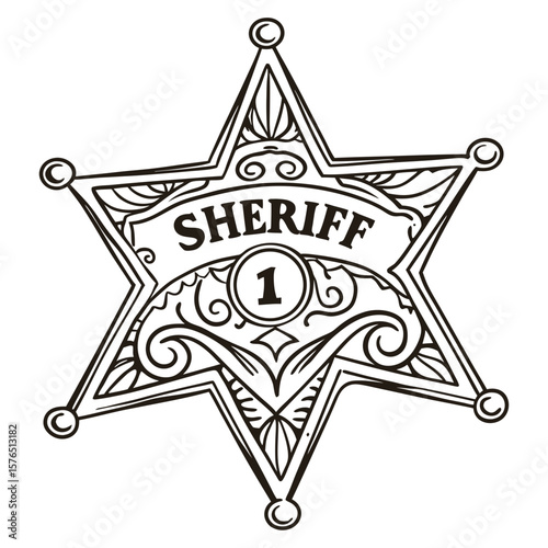 Detailed sheriff star badge outline drawing silhouette vector illustration