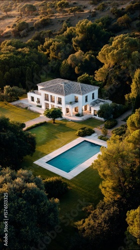 Luxurious Villa With Pool Surrounded by Nature in Evening Light