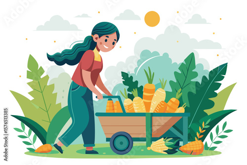 Illustration of a woman joyfully collecting fresh vegetables in a bountiful garden, surrounded by lush greenery. The sun shines brightly, symbolizing growth and abundance.