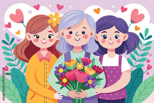 A joyful illustration of a family expressing love and happiness, featuring three women holding a vibrant bouquet of flowers. Perfect for themes of togetherness, family, and celebration.