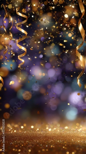 Celebratory Gold Confetti Falling With Streamers Against a Blurred Background...