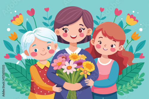 Colorful illustration of a happy family with children holding flowers. The image expresses joy, love, and togetherness among family members surrounded by bright floral elements.