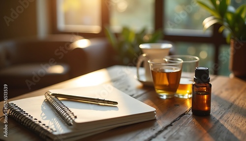 Notebook and Tea on Wooden Table with Essential Oil in Sunlight