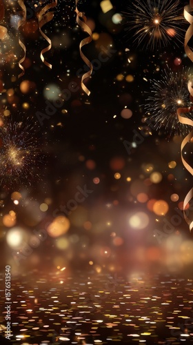 Festive Celebration With Golden Confetti, Sparkling Lights, and Colorful Stre...