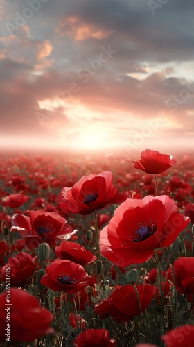 Stunning Sunset Over a Vibrant Field of Red Poppies During Golden Hour Near a...