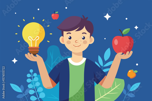 Illustration of a young boy considering balance between innovative thinking, represented by a light bulb, and healthy living, symbolized by an apple. Vibrant and thoughtful concept.