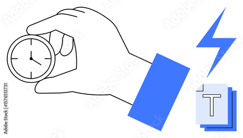 Hand holding a clock symbolizing time management beside a lightning bolt for energy, and papers for tasks. Ideal for productivity, efficiency, energy, deadlines, organization, planning, simple