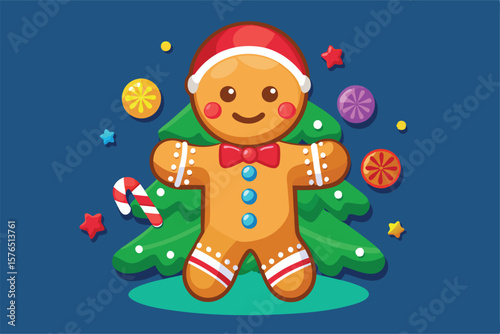 Adorable gingerbread man with Santa hat stands cheerfully in front of a decorated Christmas tree, surrounded by festive candies and stars.