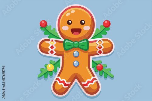 A cheerful gingerbread man illustration adorned with festive Christmas decorations, including holly and candy. Perfect for holiday themes and seasonal celebrations.