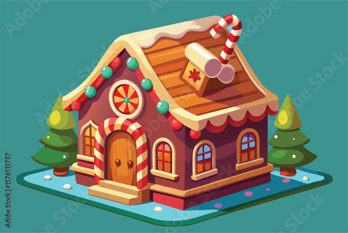 Colorful illustration of a festive gingerbread house with candy decorations, set among Christmas trees against a serene background. Perfect for holiday and winter themed designs.