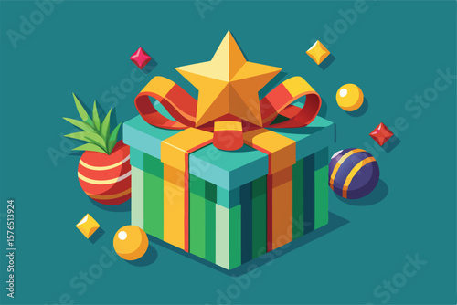 Festive illustration of a vibrant Christmas gift box adorned with a star, ribbons, and ornaments. Perfect for holiday themed projects and celebrations.