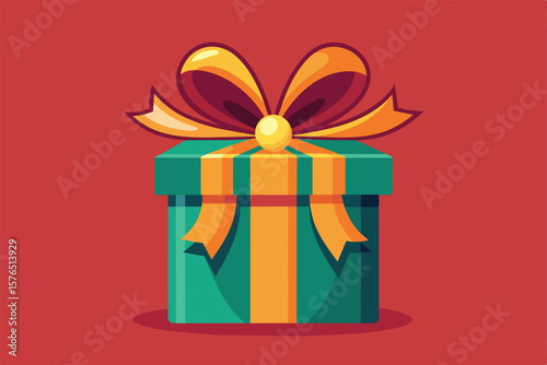 Illustration of a vibrant green gift box adorned with an orange bow, set against a red backdrop symbolizing celebration, surprise, and anticipation.
