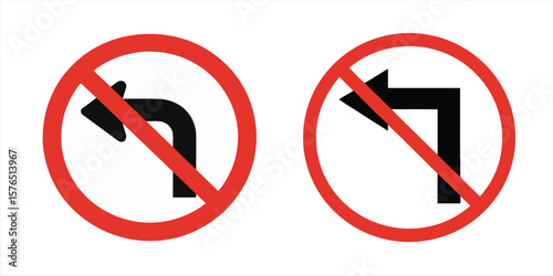 No Left Turn Traffic Sign Icons – Red Circle Prohibition Symbols for Left Turn Restriction, Road Safety, Driving Regulations, and Traffic Control Signs Vector Illustration

