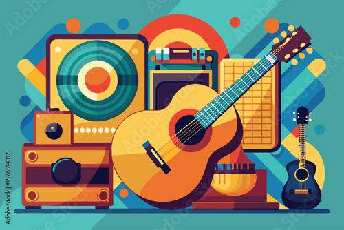 Vibrant artistic illustration featuring various musical instruments including guitars and speakers. Perfect for music themed designs, posters, and creative projects.