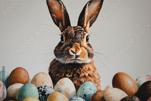 Rabbit Surrounded by Colorful Eggs in a Festive Spring Setting Capturing the ...