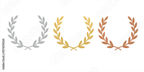 Silver Gold Bronze Laurel Wreaths – Award Achievement Icons for Ranking, Success, Victory, Winner Badges, and Competition Certificates