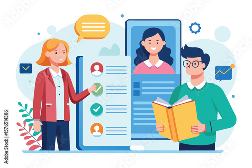 Illustration showcasing teamwork and communication in a contemporary office environment. Features diverse professionals interacting with digital devices and sharing ideas for effective collaboration.